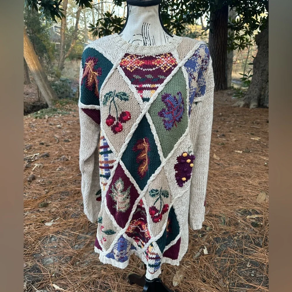 Vintage White Stag Patchwork Knit Sweater Folk Art Cottagecore M Longline Winter
